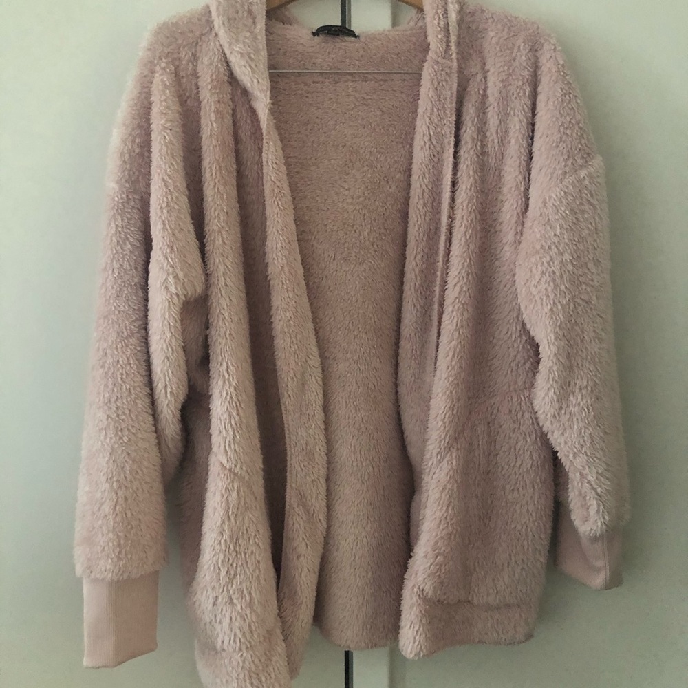 Fuzzy hooded cardigan